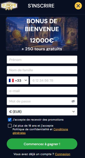 Europe 777 Casino inscription