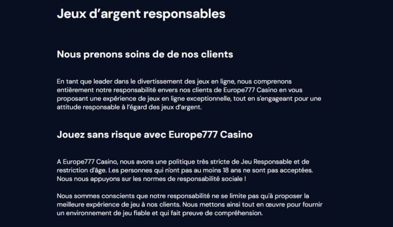 Europe 777 Casino jeu responsable
