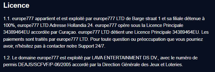 Europe 777 Casino licence